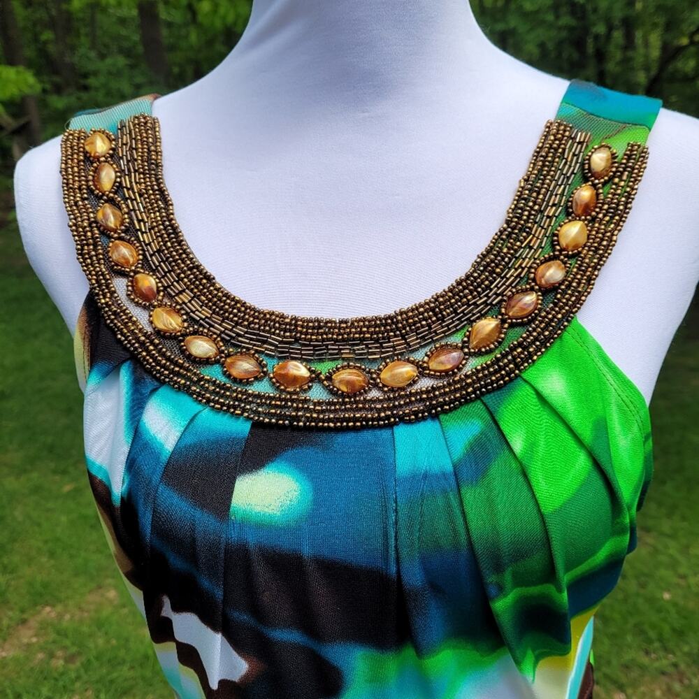 Bisou Bisou Blue & Green Watercolor Dress w/ Copper Embellished Neckline size 14 - Picture 7 of 12